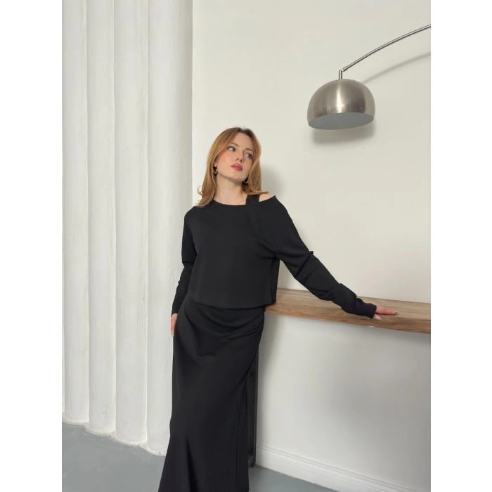 Tek Omuz Croplu Elbiseli Modal Takım Siyah