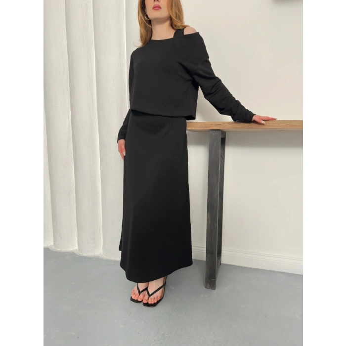 Tek Omuz Croplu Elbiseli Modal Takım Siyah