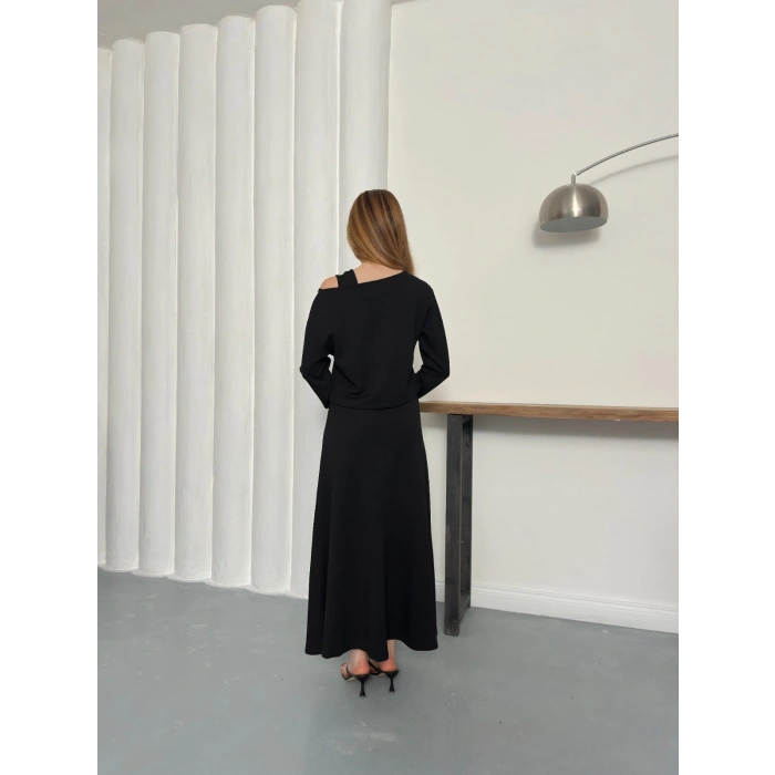 Tek Omuz Croplu Elbiseli Modal Takım Siyah