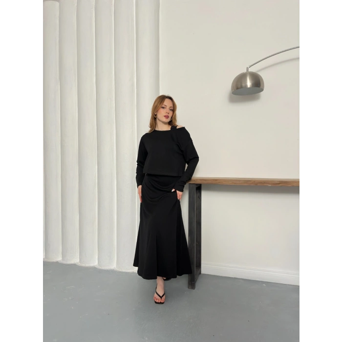 Tek Omuz Croplu Elbiseli Modal Takım Siyah