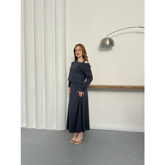 Tek Omuz Croplu Elbiseli Modal Takım Antrasit