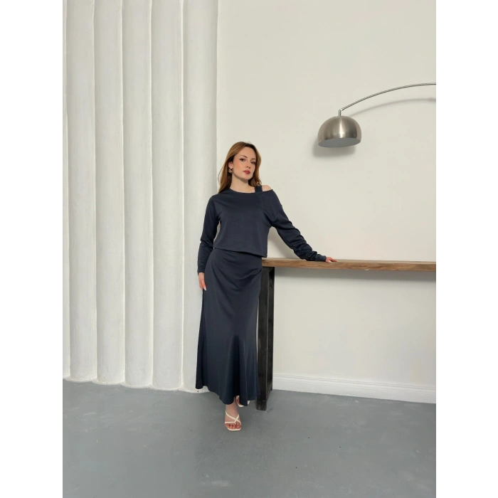 Tek Omuz Croplu Elbiseli Modal Takım Antrasit