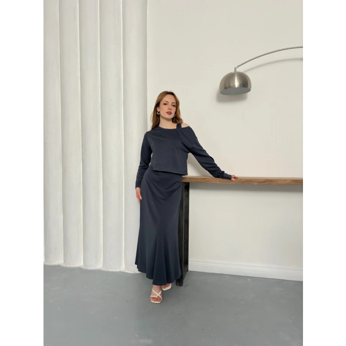 Tek Omuz Croplu Elbiseli Modal Takım Antrasit