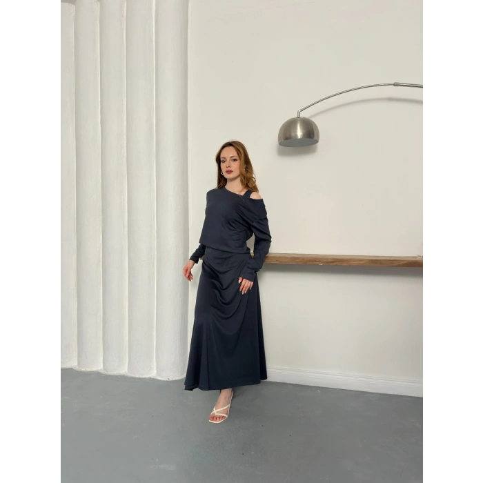 Tek Omuz Croplu Elbiseli Modal Takım Antrasit