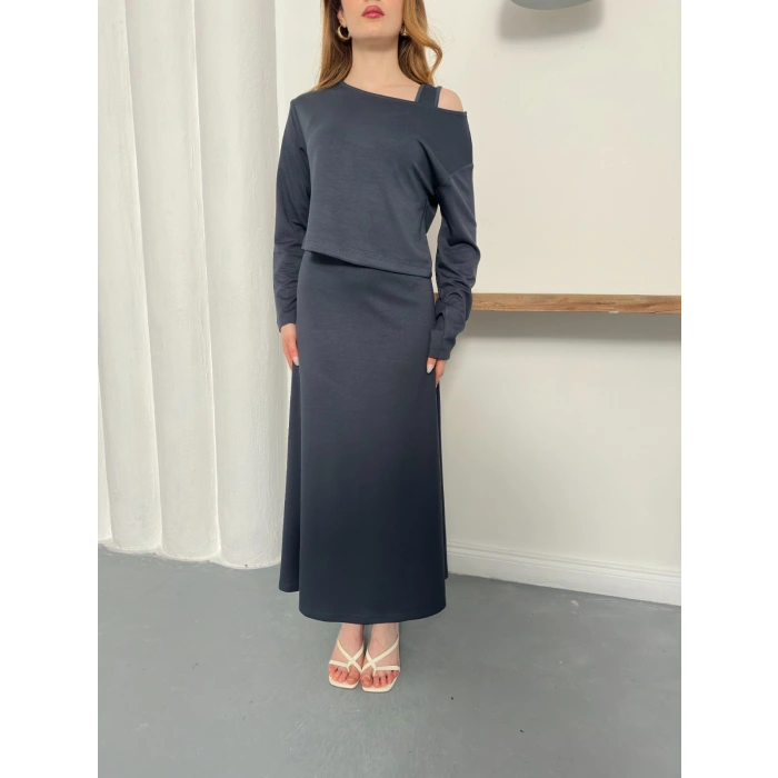 Tek Omuz Croplu Elbiseli Modal Takım Antrasit