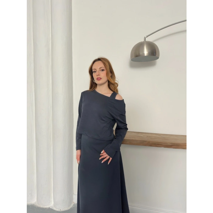 Tek Omuz Croplu Elbiseli Modal Takım Antrasit