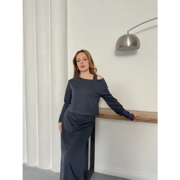 Tek Omuz Croplu Elbiseli Modal Takım Antrasit