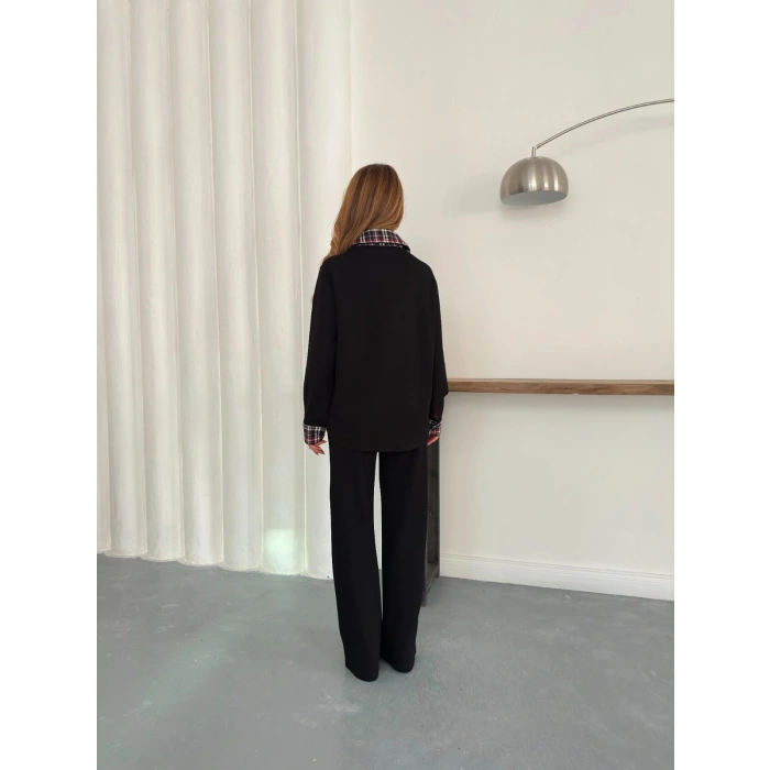 Ekose Detaylı Bağlama Yaka Pantolonlu Takım Siyah