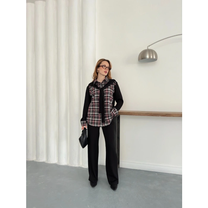 Ekose Detaylı Bağlama Yaka Pantolonlu Takım Siyah