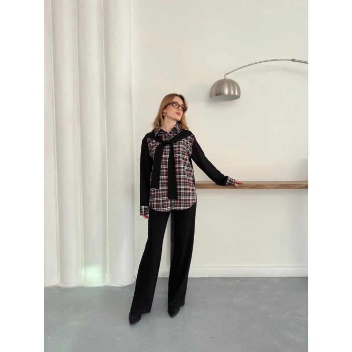 Ekose Detaylı Bağlama Yaka Pantolonlu Takım Siyah