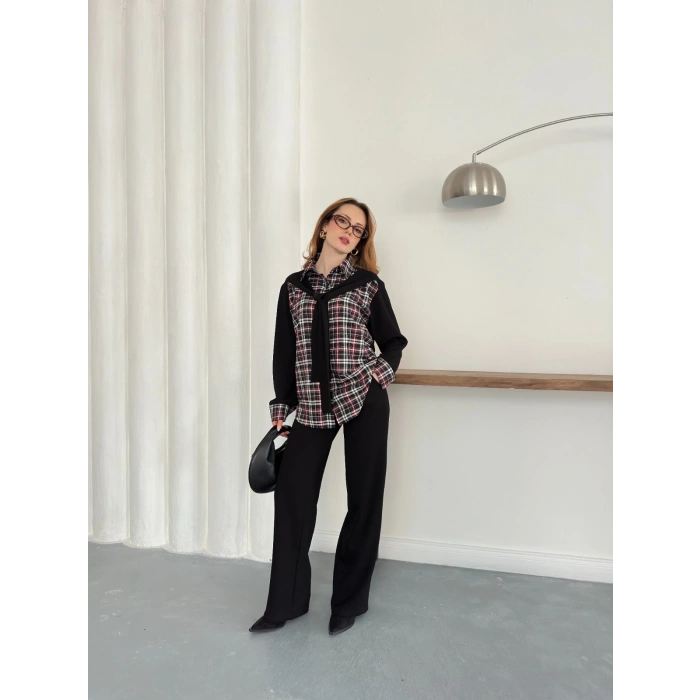 Ekose Detaylı Bağlama Yaka Pantolonlu Takım Siyah