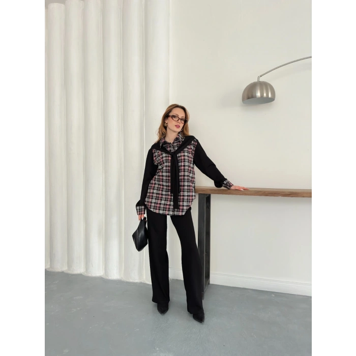 Ekose Detaylı Bağlama Yaka Pantolonlu Takım Siyah