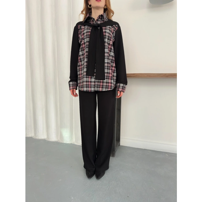 Ekose Detaylı Bağlama Yaka Pantolonlu Takım Siyah