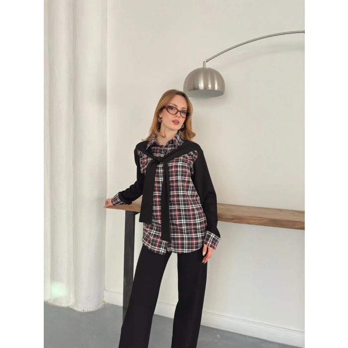 Ekose Detaylı Bağlama Yaka Pantolonlu Takım Siyah