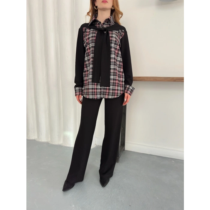 Ekose Detaylı Bağlama Yaka Pantolonlu Takım Siyah