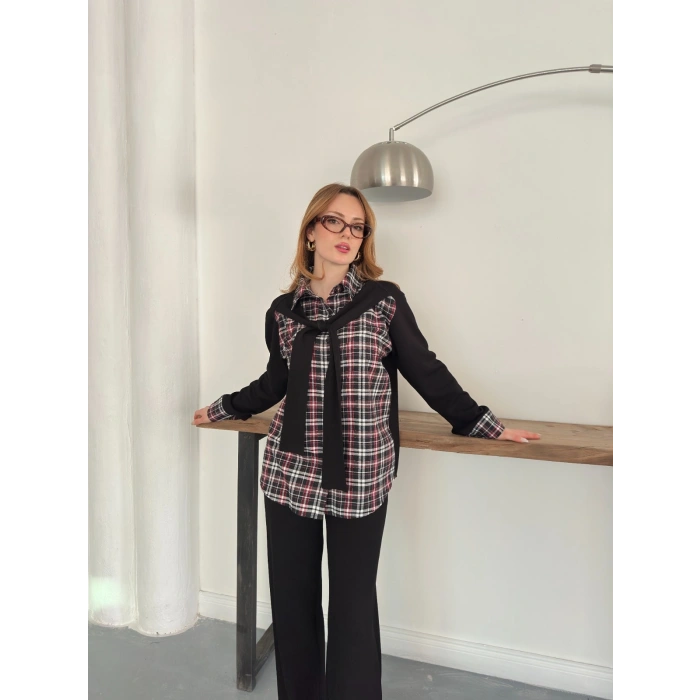 Ekose Detaylı Bağlama Yaka Pantolonlu Takım Siyah