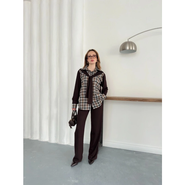 Ekose Detaylı Bağlama Yaka Pantolonlu Takım Kahve