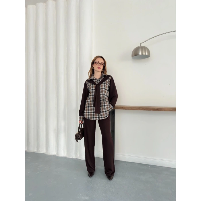 Ekose Detaylı Bağlama Yaka Pantolonlu Takım Kahve