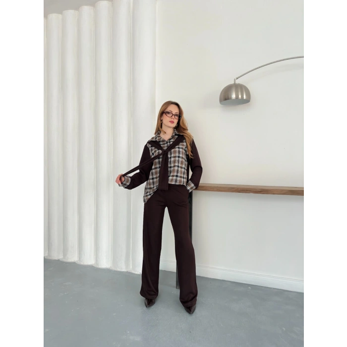 Ekose Detaylı Bağlama Yaka Pantolonlu Takım Kahve