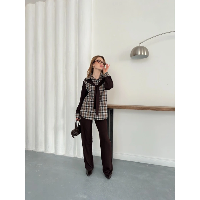 Ekose Detaylı Bağlama Yaka Pantolonlu Takım Kahve