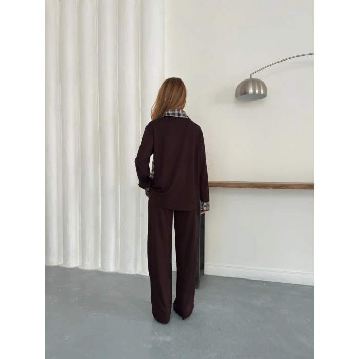 Ekose Detaylı Bağlama Yaka Pantolonlu Takım Kahve