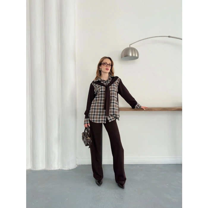 Ekose Detaylı Bağlama Yaka Pantolonlu Takım Kahve