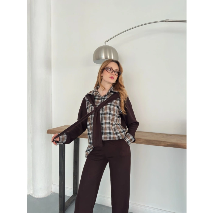 Ekose Detaylı Bağlama Yaka Pantolonlu Takım Kahve