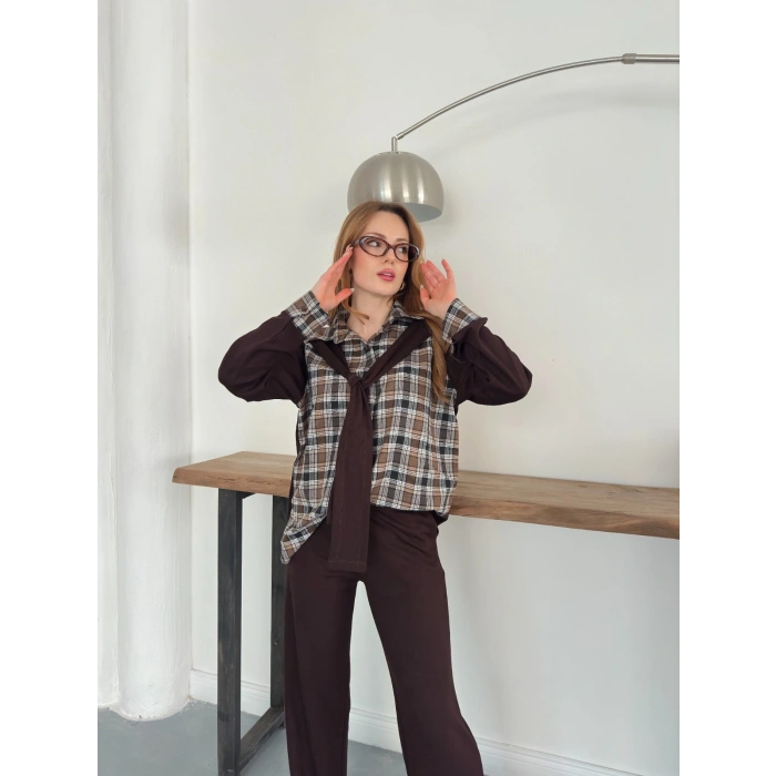 Ekose Detaylı Bağlama Yaka Pantolonlu Takım Kahve