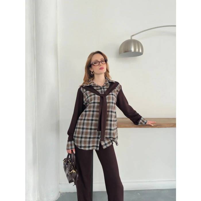 Ekose Detaylı Bağlama Yaka Pantolonlu Takım Kahve