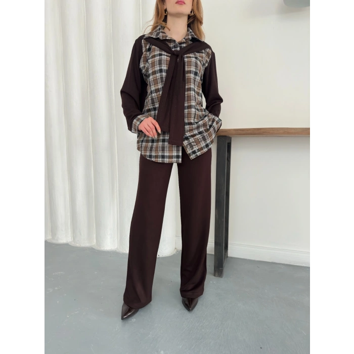 Ekose Detaylı Bağlama Yaka Pantolonlu Takım Kahve