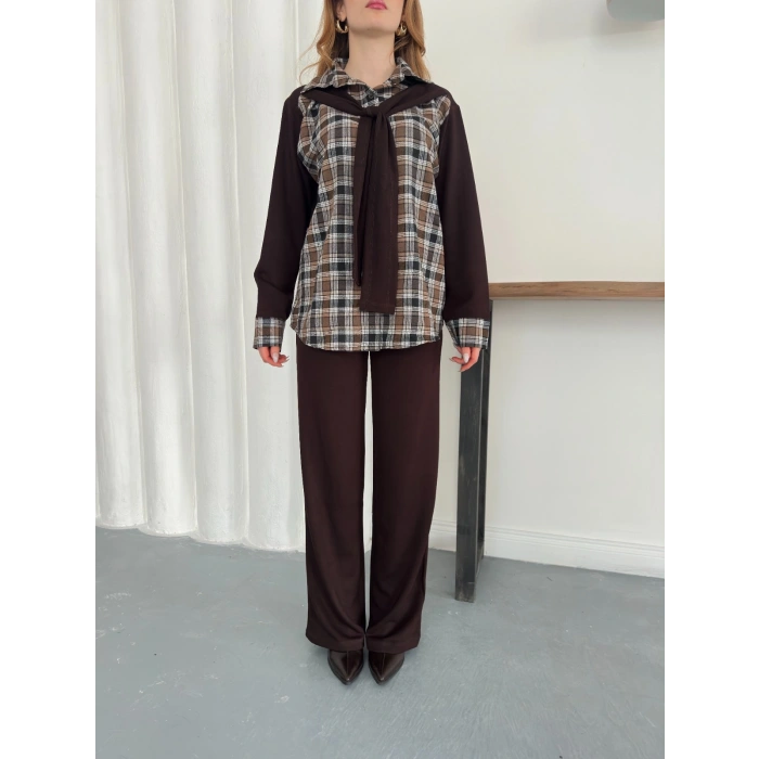 Ekose Detaylı Bağlama Yaka Pantolonlu Takım Kahve