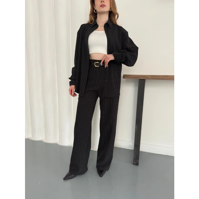 Çizgi Detaylı Gömlekli Takım Siyah