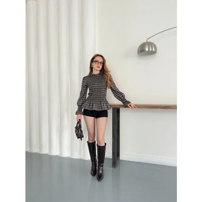 Büzgülü Ekose Bluz Kahve