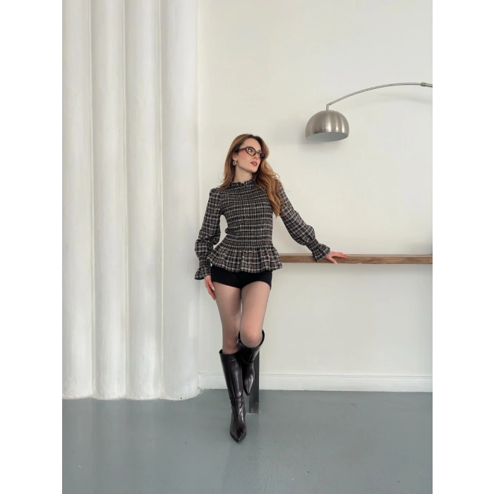 Büzgülü Ekose Bluz Kahve