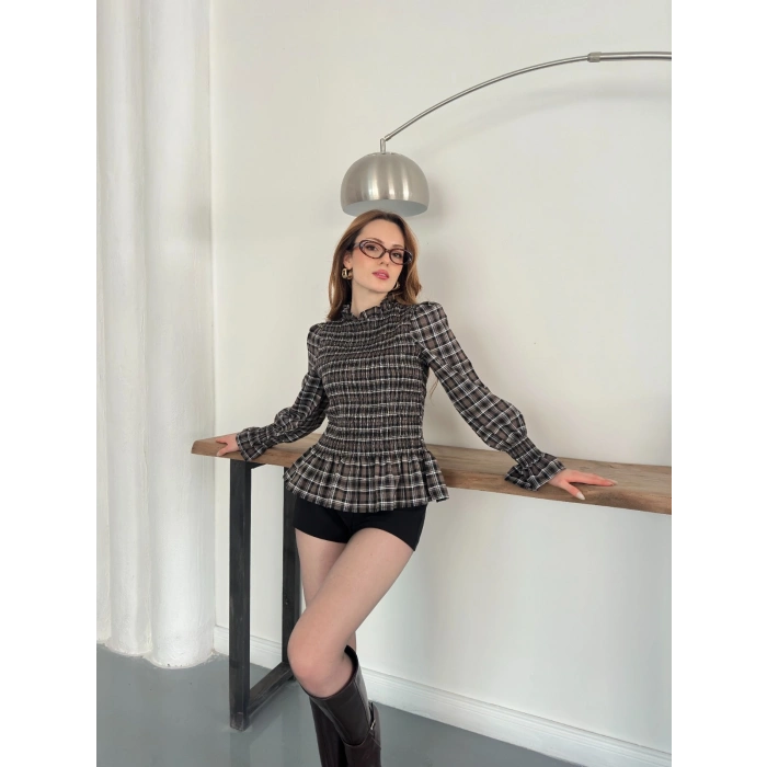 Büzgülü Ekose Bluz Kahve