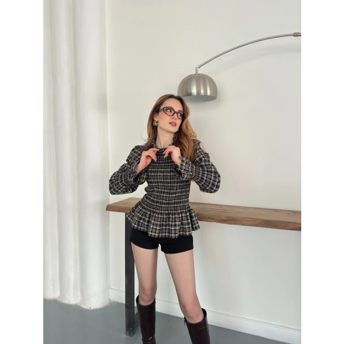 Büzgülü Ekose Bluz Kahve