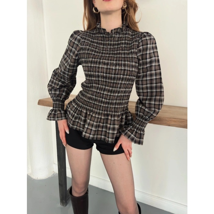 Büzgülü Ekose Bluz Kahve