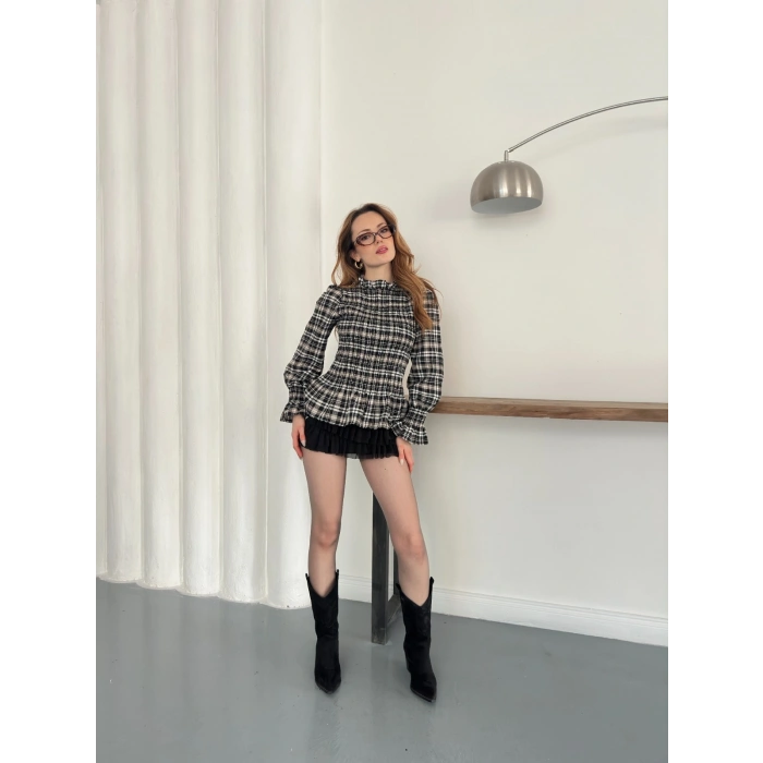 Büzgülü Ekose Bluz Yeşil