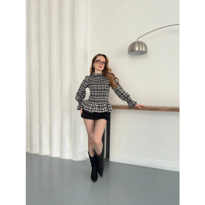 Büzgülü Ekose Bluz Yeşil