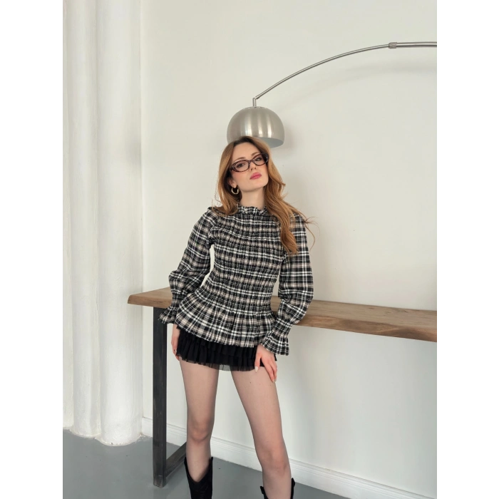 Büzgülü Ekose Bluz Yeşil