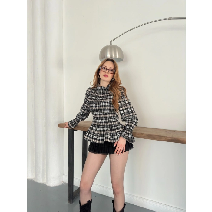 Büzgülü Ekose Bluz Yeşil