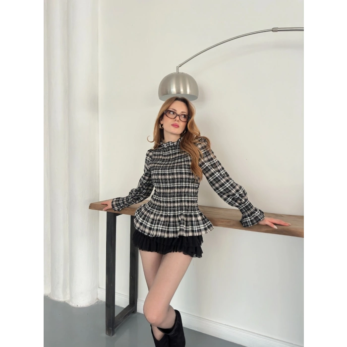 Büzgülü Ekose Bluz Yeşil