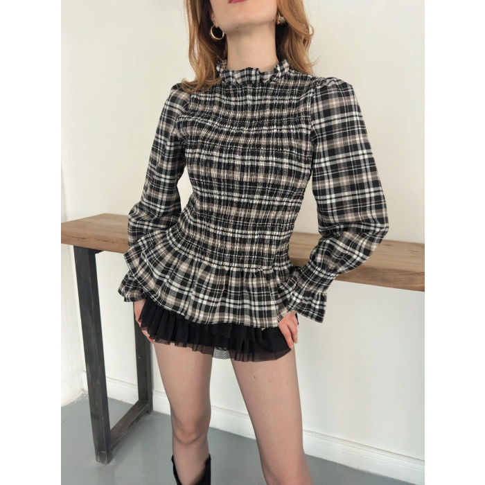 Büzgülü Ekose Bluz Yeşil