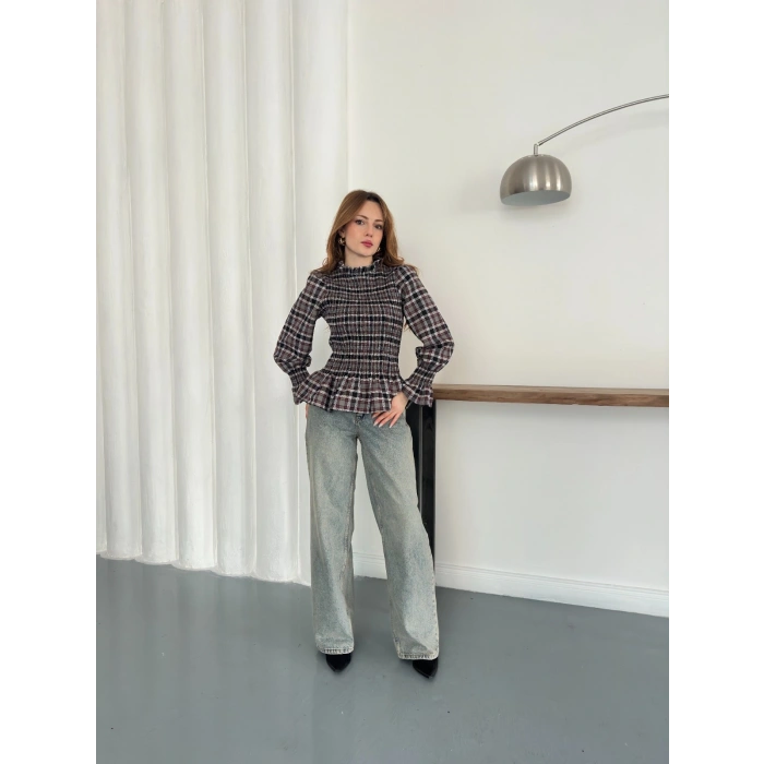 Büzgülü Ekose Bluz Antrasit