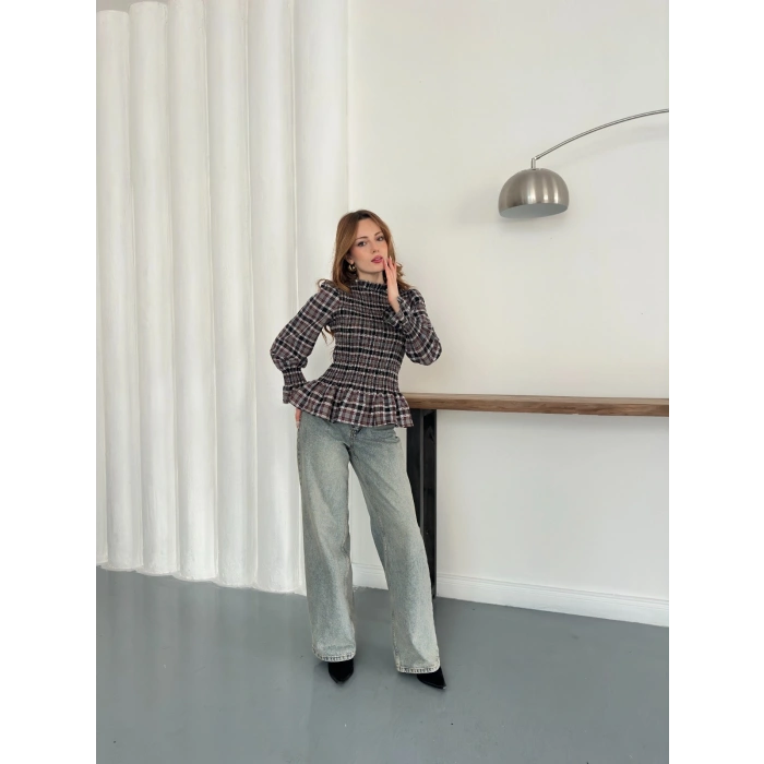 Büzgülü Ekose Bluz Antrasit