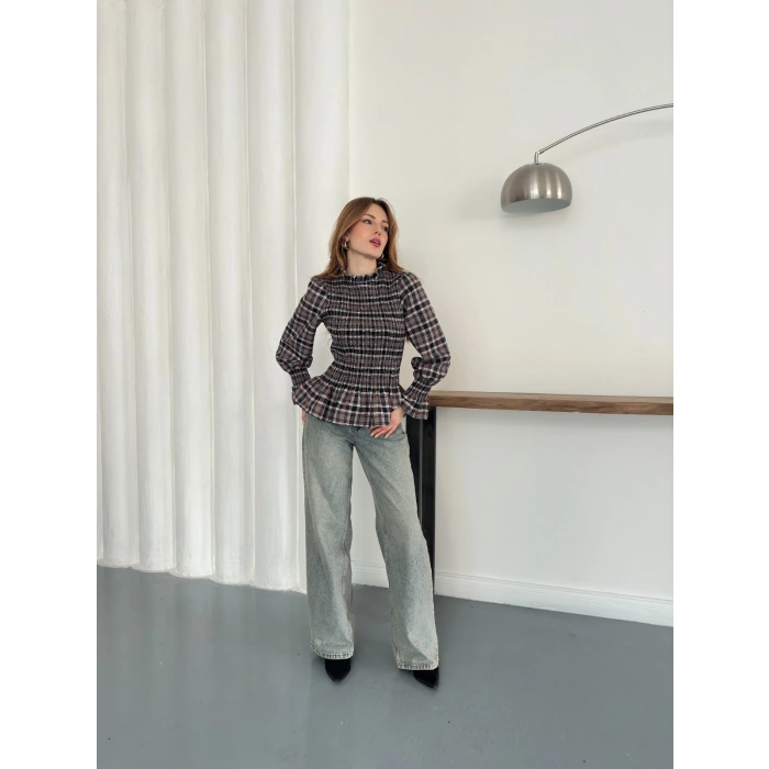 Büzgülü Ekose Bluz Antrasit