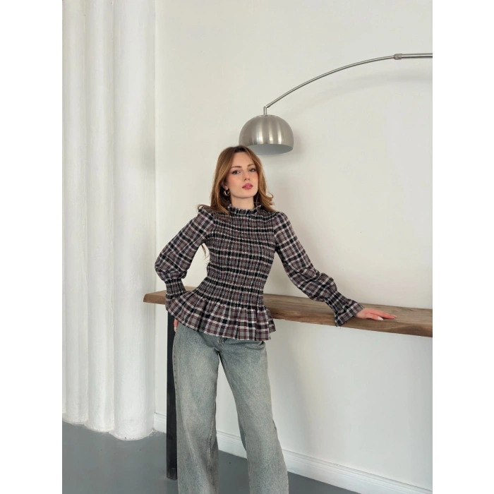 Büzgülü Ekose Bluz Antrasit