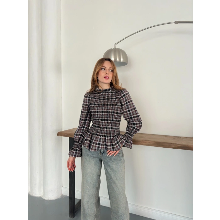 Büzgülü Ekose Bluz Antrasit