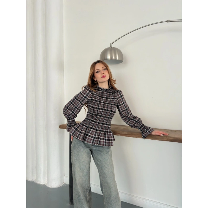 Büzgülü Ekose Bluz Antrasit