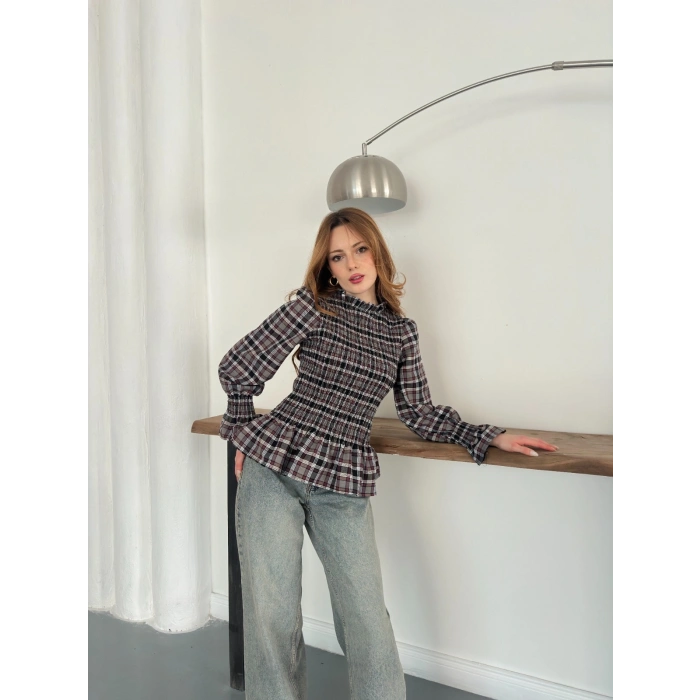 Büzgülü Ekose Bluz Antrasit